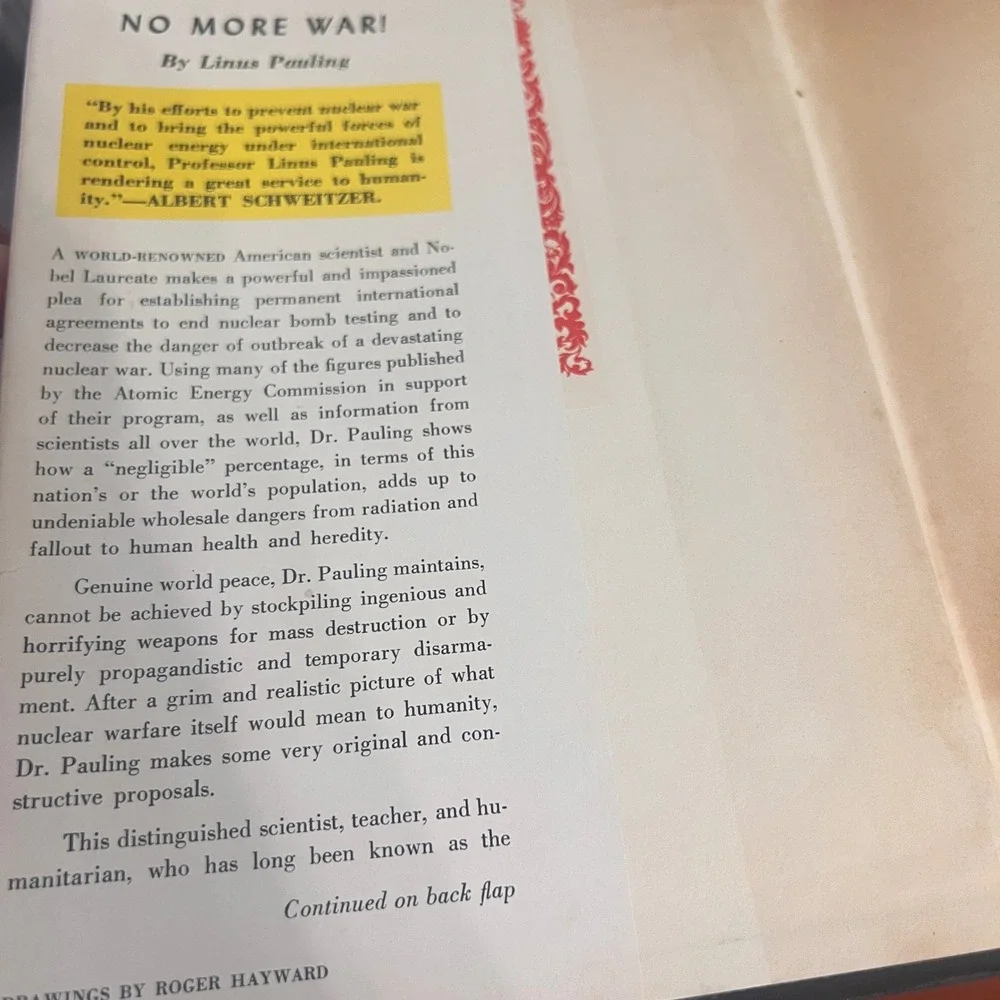 No More War! Linus Pauling 1958‎ Hardcover Dust Jacket 3rd Print Science History
